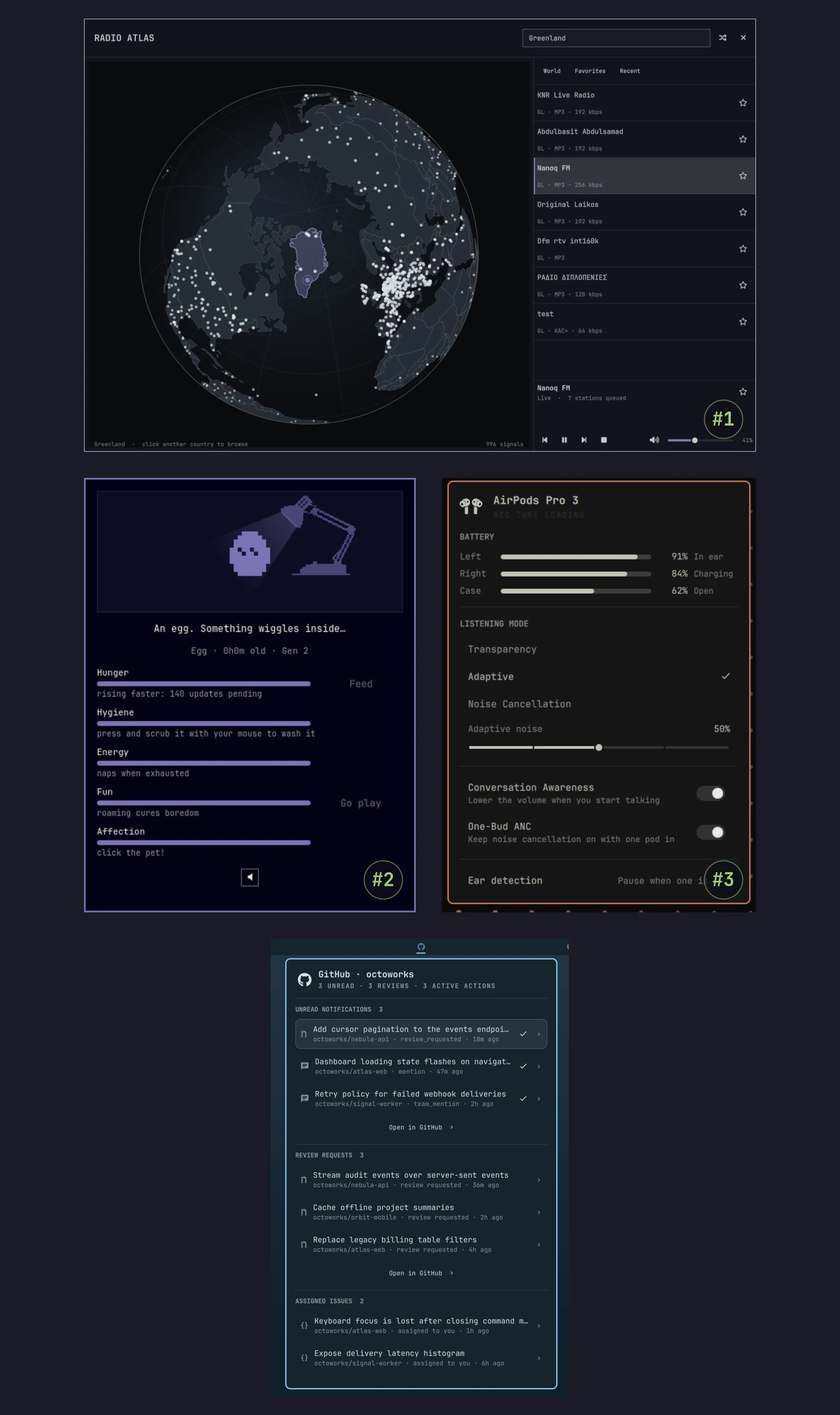 Radio Atlas, Omagotchi, AirPods en GitHub